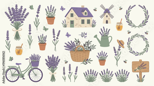 Charming Provence village scene with lavender fields, a bicycle, and a windmill, evoking a rustic French countryside lifestyle and floral beauty