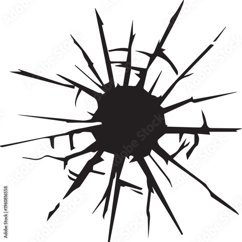 Cracked glass effect, abstract pattern of broken transparent surface with radiating lines and dark center