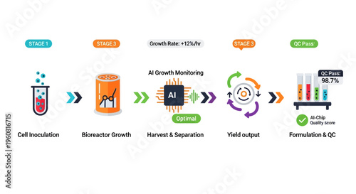 Biotechnology manufacturing process infographic illustrating cell inoculation, bioreactor growth, AI monitoring, harvest, yield output, and quality control formulation.