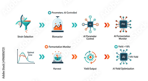 Infographic Diagram of AI-Driven Fermentation and Bioreactor Yield Optimization Process for Biotechnology and Industrial Science Applications