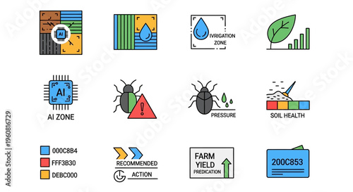 Smart Agriculture Icon Set Featuring AI Technology, Soil Health, Irrigation, and Farm Yield Prediction Data
