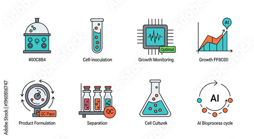 Set of Biotechnology and AI Bioprocess Laboratory Icons for Science and Research