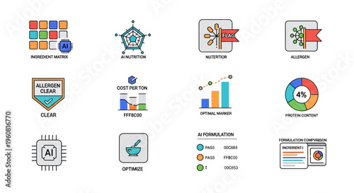 Artificial Intelligence in Food Science and Nutrition Technology Icons Set - Ingredient Matrix, Allergen Tracking, and Formulation Optimization Symbols