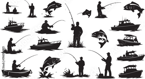 Fishing Silhouettes Collection with Boats and Fishermen at Sea