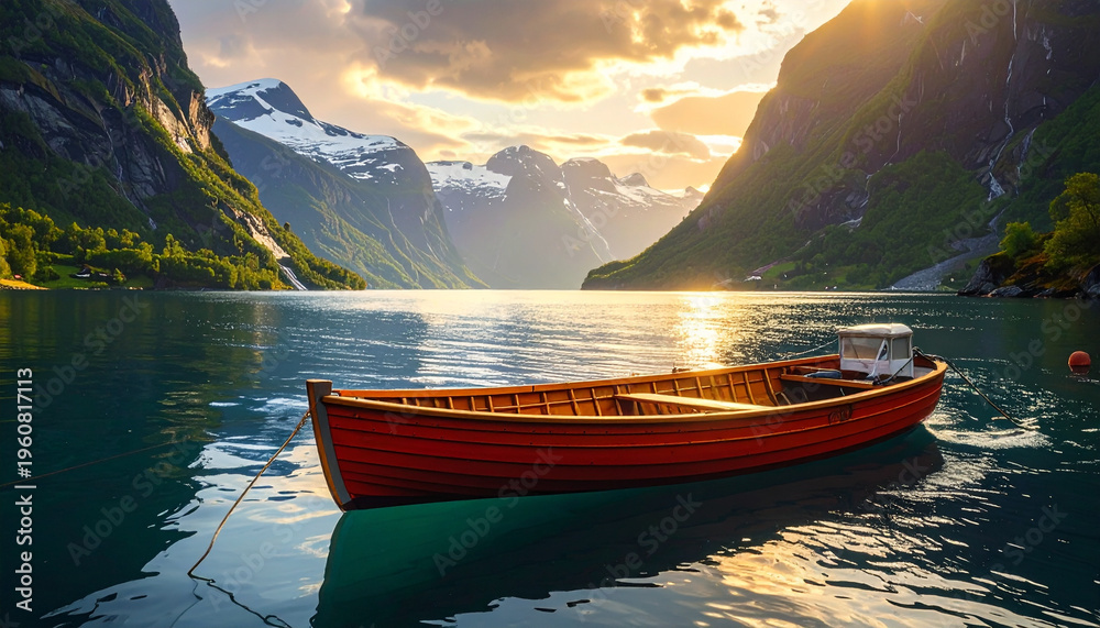 Fototapeta premium Red Wooden Boat Floating Calm Fjord Scene at Sunset