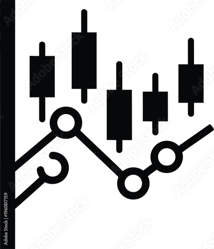 A technical analysis chart with candlestick patterns and trend lines indicating market movement and trading signals