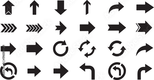 Collection of various black arrow icons on white background