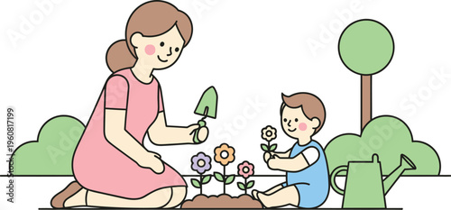 Woman and child plant colorful flowers together outdoors in a garden setting with gardening tools.
