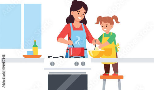 Mother and daughter wearing aprons cook together at a kitchen stove preparing food in a domestic setting.