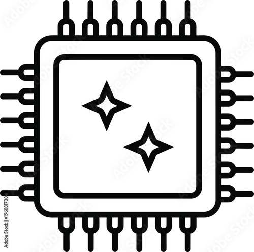 A black and white line drawing of a computer microchip with two starburst shapes on its surface and pins on the sides
