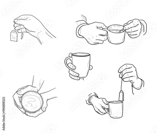 A hand holding a cup of coffee or hot tea, hand-drawn sketch. Vector illustration. Line drawing isolated on background. Concept for takeaway food and coffee shops, coffee shops, and quick breakfasts.