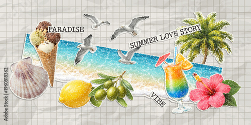 Modern sea collage with sea wave, sky, doodles and adhesive tape on notebook sheet. Trendy vector paper cutout summer elements with stipple effect.