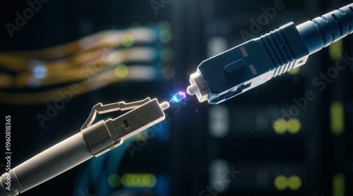 High-Speed Data and File Transfer Concept: Futuristic Fiber Optic Connectivity showing Glowing Digital Document Icon and Network Synergy in a Server Room Environment