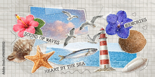 Modern sea collage with sea wave, sky, doodles and adhesive tape on notebook sheet. Trendy vector paper cutout summer elements with stipple effect.