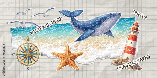 Modern sea collage with sea wave, sky, doodles and adhesive tape on notebook sheet. Trendy vector paper cutout summer elements with stipple effect.