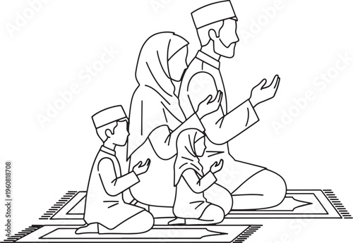 Muslim Family Praying Dua Together - Father Mother Son Daughter Supplication Line Art Vector Illustration