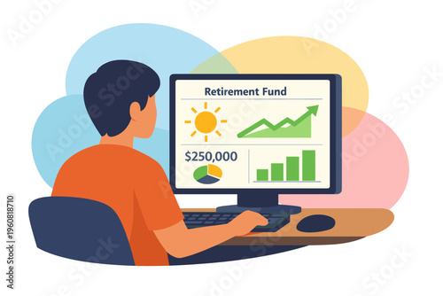 Man managing retirement fund on computer screen showing growth and savings.