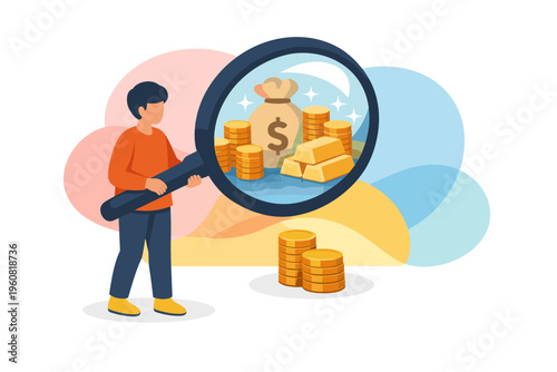 Man Inspecting Money and Gold Bars with Magnifying Glass.