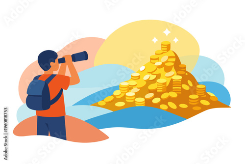 Man with backpack looking through binoculars at pile of gold coins.