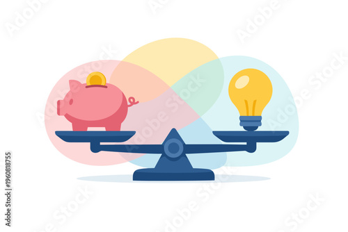 Piggy bank and light bulb on a balance scale representing financial investment in ideas.