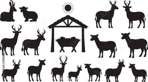 Deer and animals gather around a manger scene silhouette