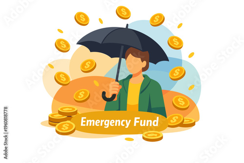 Person holding umbrella protecting emergency fund from falling coins.