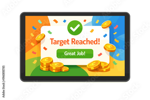 Tablet displaying a success message with coins and confetti.
