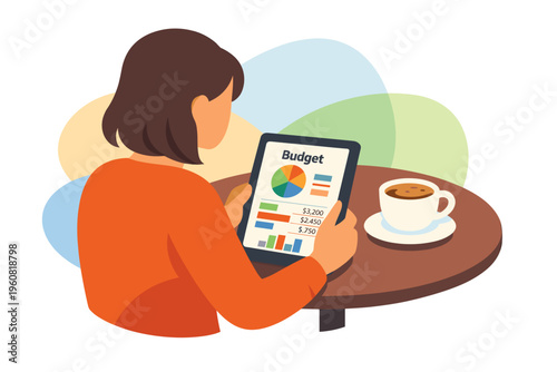 Woman reviews budget on tablet computer at cafe table.