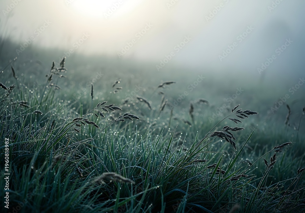 Obraz premium A serene morning landscape featuring blades of grass covered in glistening dew drops in the fog