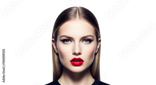 Beautiful Woman with Red Lipstick and Perfect Makeup