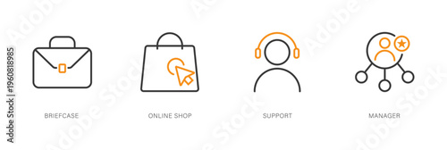Four minimalist outline icons depicting essential business concepts briefcase, online shop, customer support, and manager networking. Ideal for modern web, app, and UI designs.
