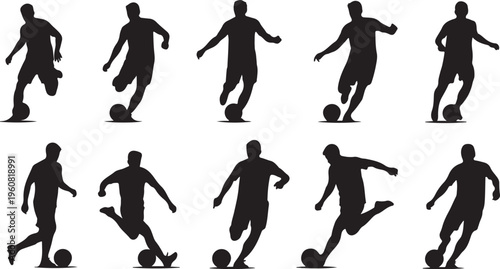 Silhouette of soccer players in various kicking poses action