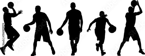 Silhouette basketball players dribbling and shooting ball in action isolated on white background sport activity teamwork athletic energy concept