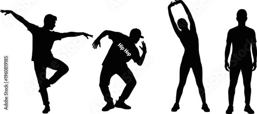 Silhouette group of dancers performing hip hop and contemporary moves isolated on white background fitness lifestyle motion energy urban culture
