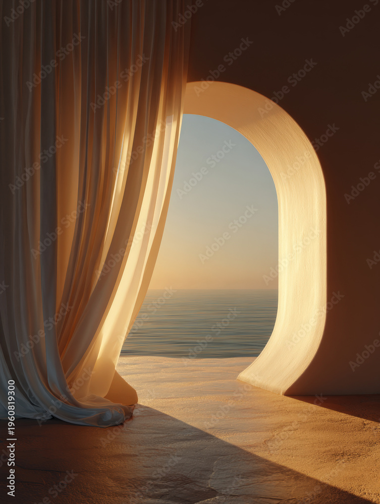 Naklejka premium Minimalist Mediterranean Interior with Arched Window Overlooking Calm Ocean at Sunset Elegant Beige Plaster Wall and Flowing White Curtains Soft Warm Sunlight Luxury Summer Travel Terrace Concept