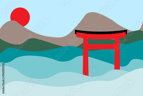 Japanese Torii Gate Landscape with Mountains and Sun Minimal Flat Vector Illustration