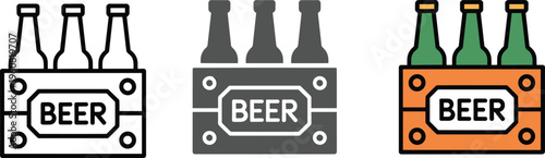 Beer Bottle Crate Vector Icon Set Featuring Wooden Case with Bottles in Outline Silhouette and Flat Color Styles for Brewery Branding