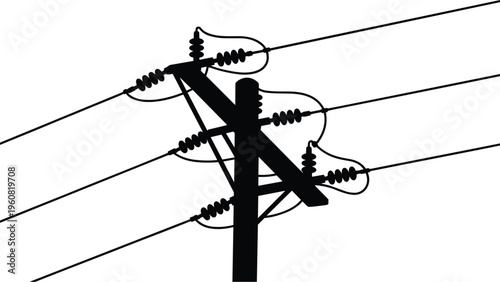 Electric power pole with wires, transmission line silhouette infrastructure energy distribution concept