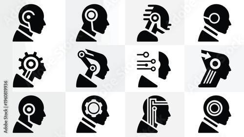 Futuristic technology icons set with human heads and robotic brain elements in black and white