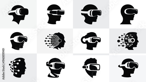 Collection of futuristic vr headset silhouettes with various effects and designs on white background