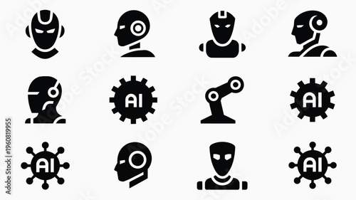 Collection of futuristic technology icons featuring robotic heads ai symbols and mechanical gears on a clean background