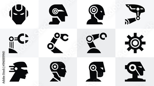 Collection of 12 sleek futuristic tech icons featuring robotic heads mechanical limbs and gears on a clean background