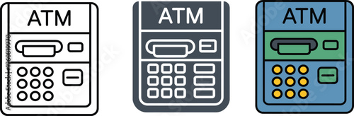Automated Teller Machine ATM Vector Icon Set Featuring Outline Silhouette and Color Designs for Banking Finance and Payment Interface