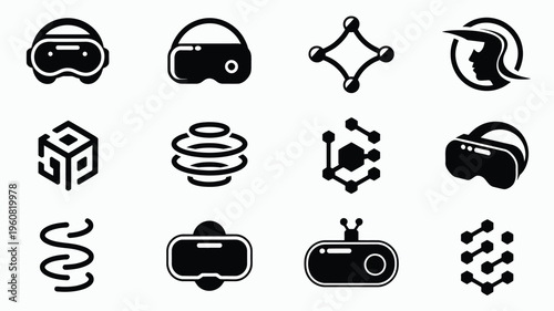 Minimalist technology icons set including virtual reality and futuristic symbols on a white background for design and digital concepts