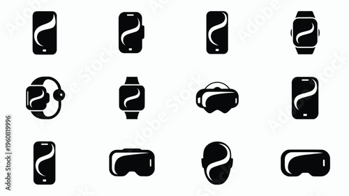 Collection of sleek technology silhouettes including smartphones smartwatches and vr headsets in black and white