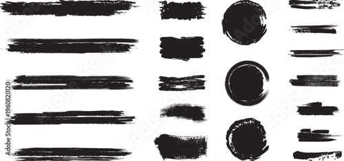 Collection of black brush strokes and shapes on a white background for artistic design