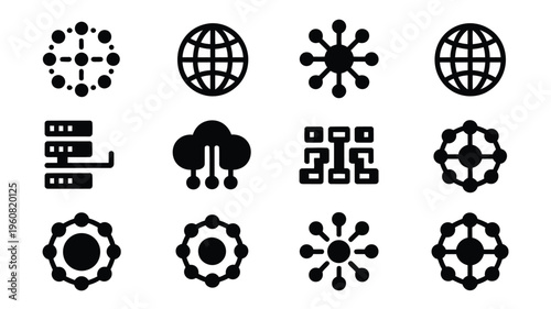 Black data network icons set including gear globe cloud and server symbols on white background for business and technology concepts