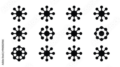 Collection of twelve minimalist data network icons on white background for technology and design use