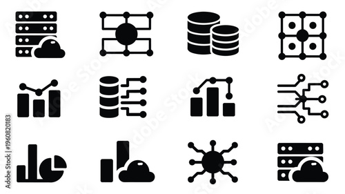 Minimalist data network and storage icons set for business and technology concepts