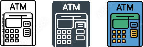 Automated Teller Machine ATM Vector Icon Set Featuring Outline Silhouette and Color Designs for Banking Finance and Payment Interface